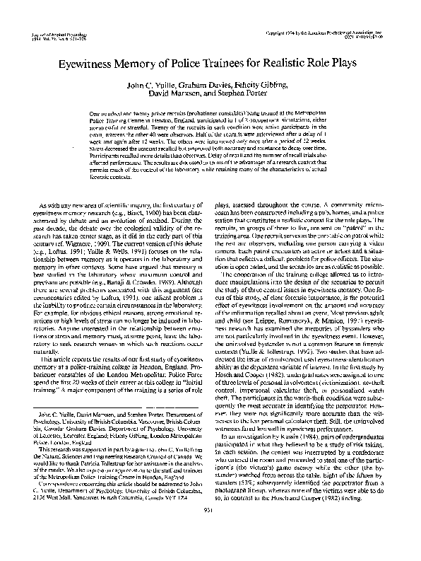 (PDF) Eyewitness memory of police trainees for realistic role plays