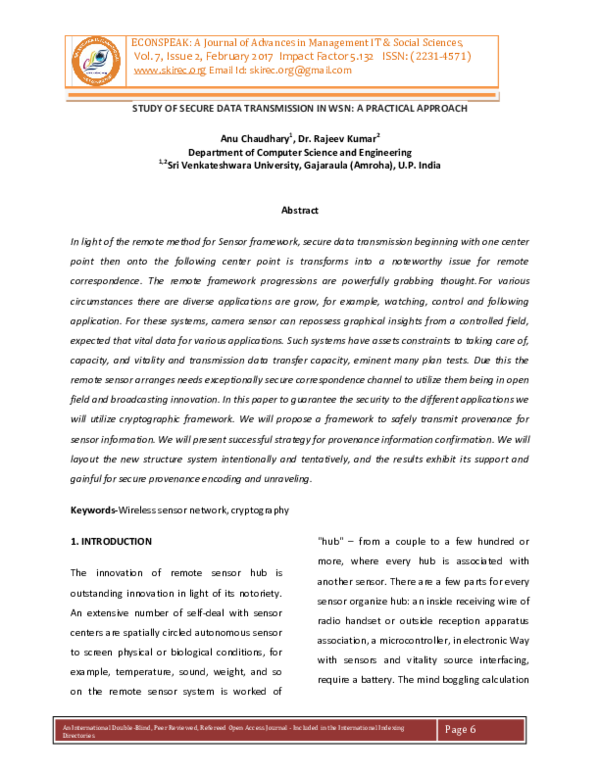 (PDF) STUDY OF SECURE DATA TRANSMISSION IN WSN: A PRACTICAL APPROACH