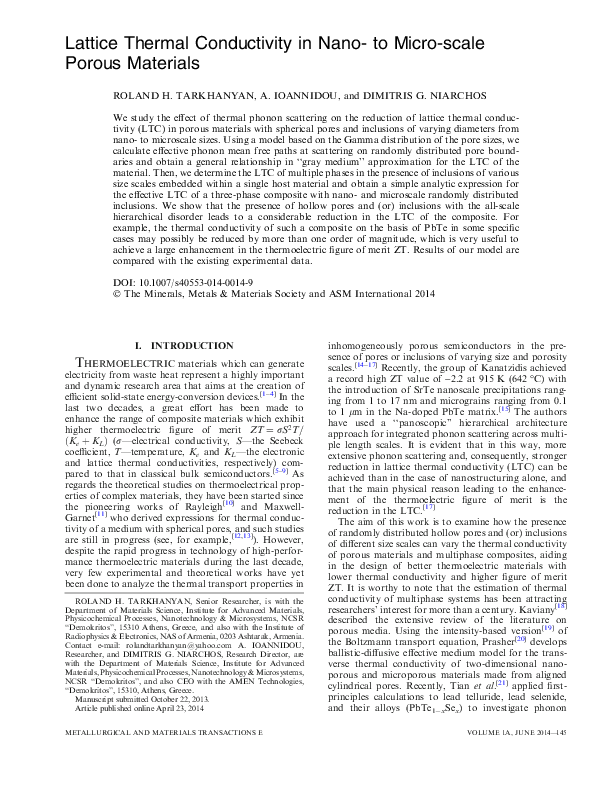 (PDF) Lattice Thermal Conductivity in Nano- to Micro-scale Porous Materials