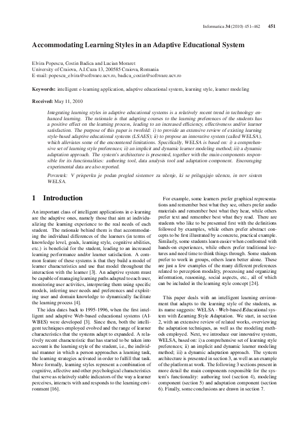 (PDF) Accommodating Learning Styles in an Adaptive Educational System