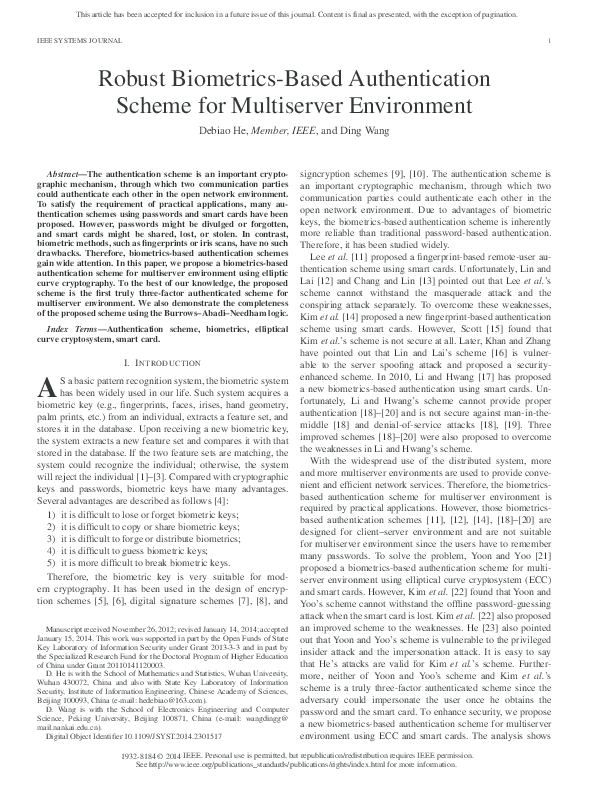 (PDF) Robust Biometrics-Based Authentication Scheme for Multiserver ...
