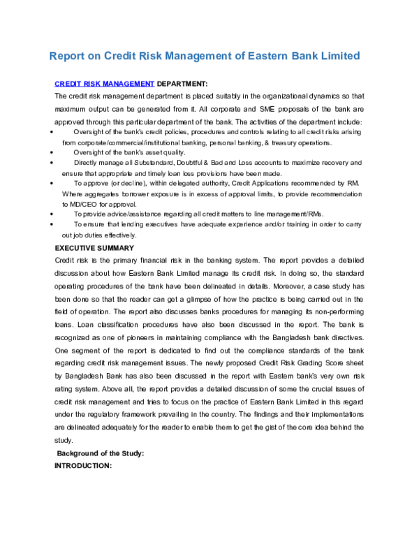(DOC) Report on Credit Risk Management of Eastern Bank Limited