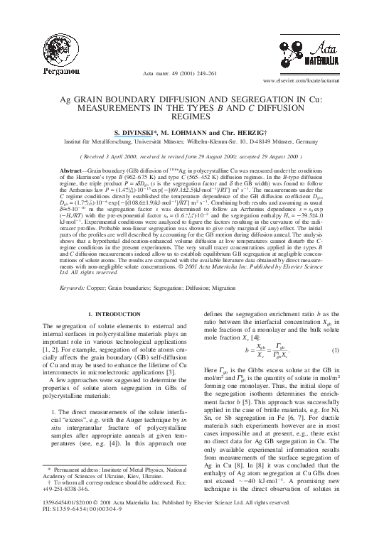 (PDF) Ag grain boundary diffusion and segregation in Cu: Measurements ...