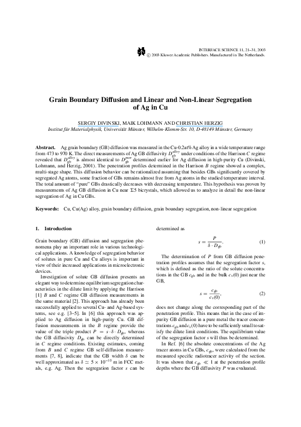 (PDF) Grain Boundary Diffusion and Linear and Non-Linear Segregation of ...