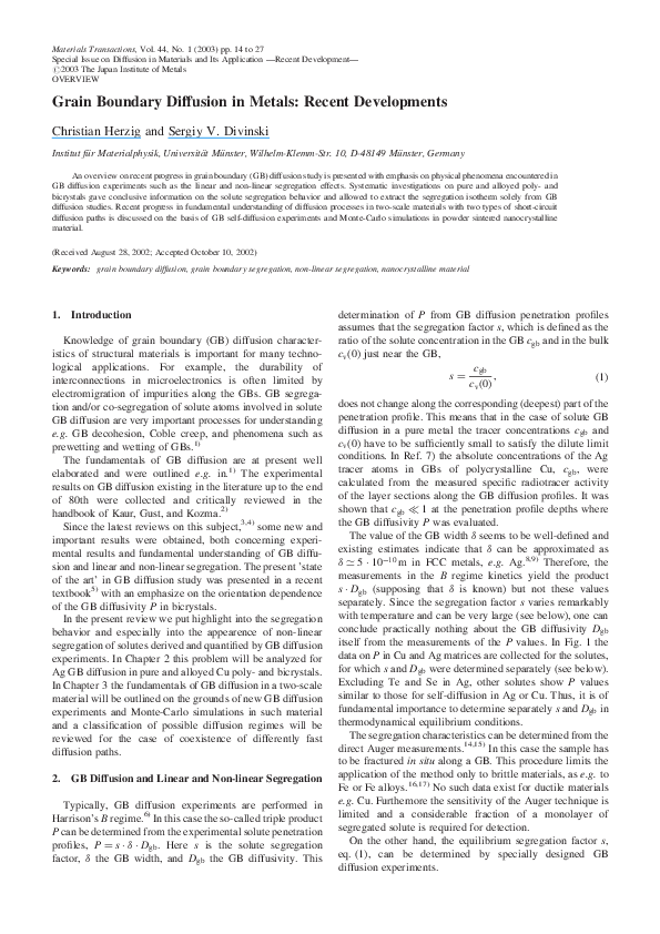 (PDF) Grain Boundary Diffusion in Metals: Recent Developments