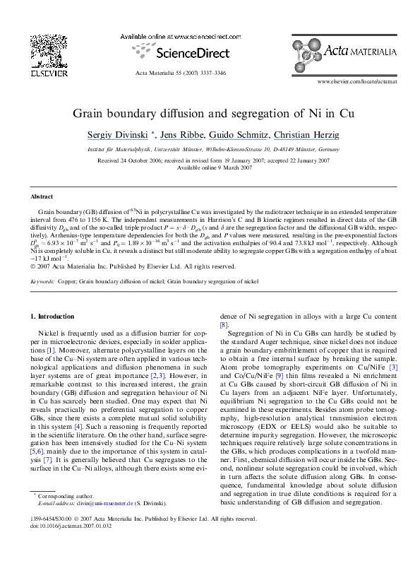 (PDF) Grain boundary diffusion and segregation of Ni in Cu