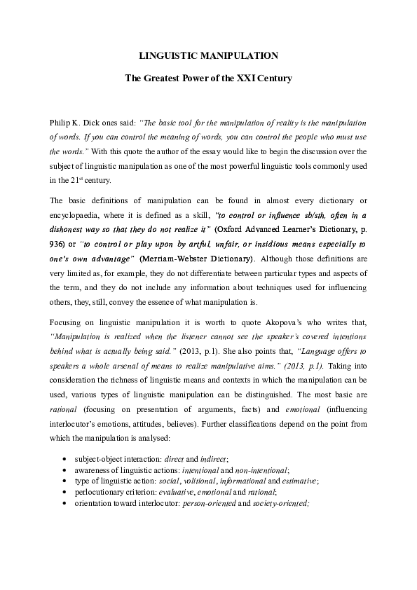 (DOC) LINGUISTIC MANIPULATION The Greatest Power of the XXI Century