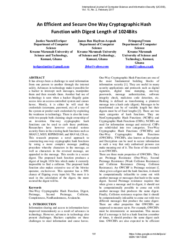 Pdf An Efficient And Secure One Way Cryptographic Hash Function With Digest Length Of 1024bits Pdf An Efficient And Secure One Way Cryptographic Hash Function With Digest Length Of 1024bits
