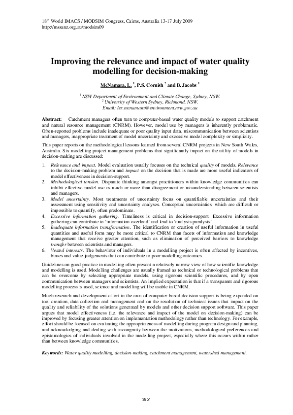 Pdf Improving The Relevance And Impact Of Water Quality Modelling For