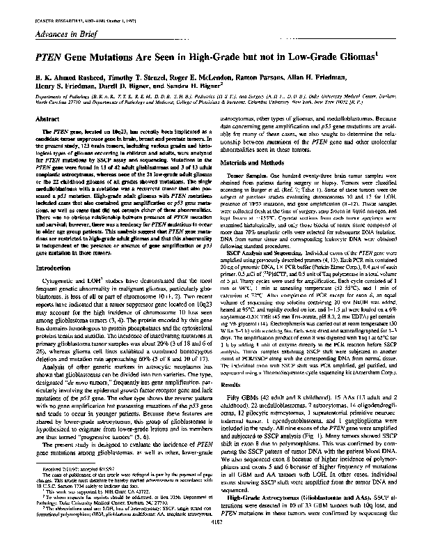 (PDF) PTEN gene mutations are seen in high-grade but not in low-grade ...