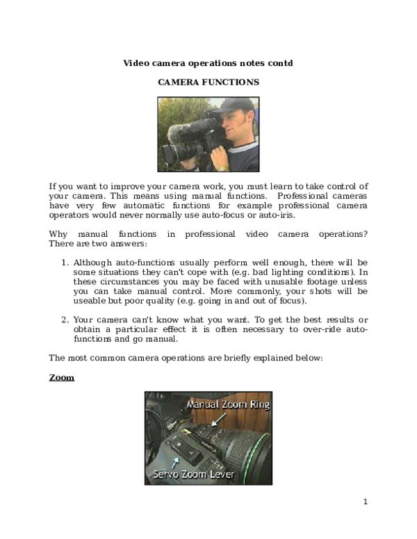 (DOC) Video camera operations notes contd CAMERA FUNCTIONS
