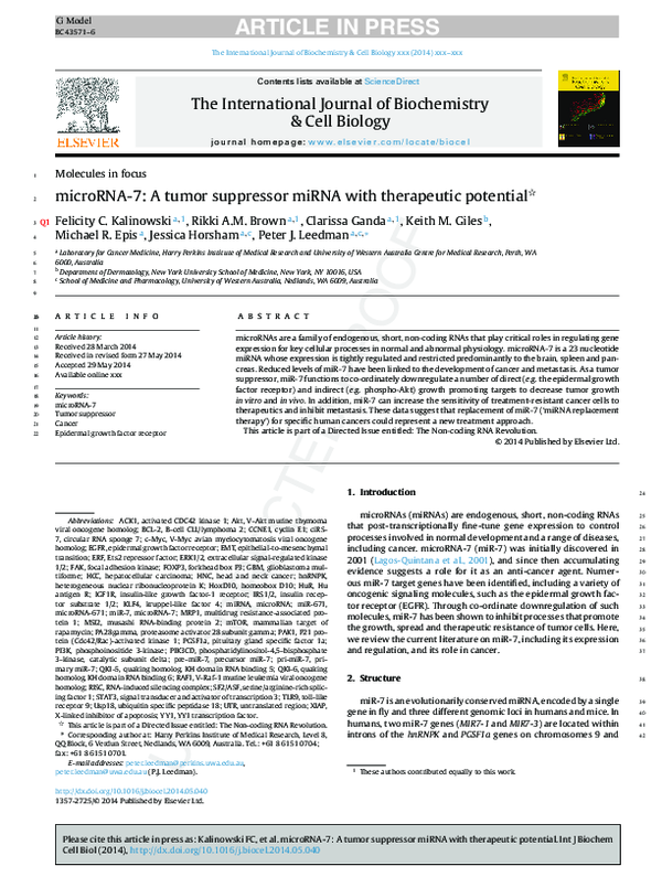 (PDF) microRNA-7: A tumor suppressor miRNA with therapeutic potential