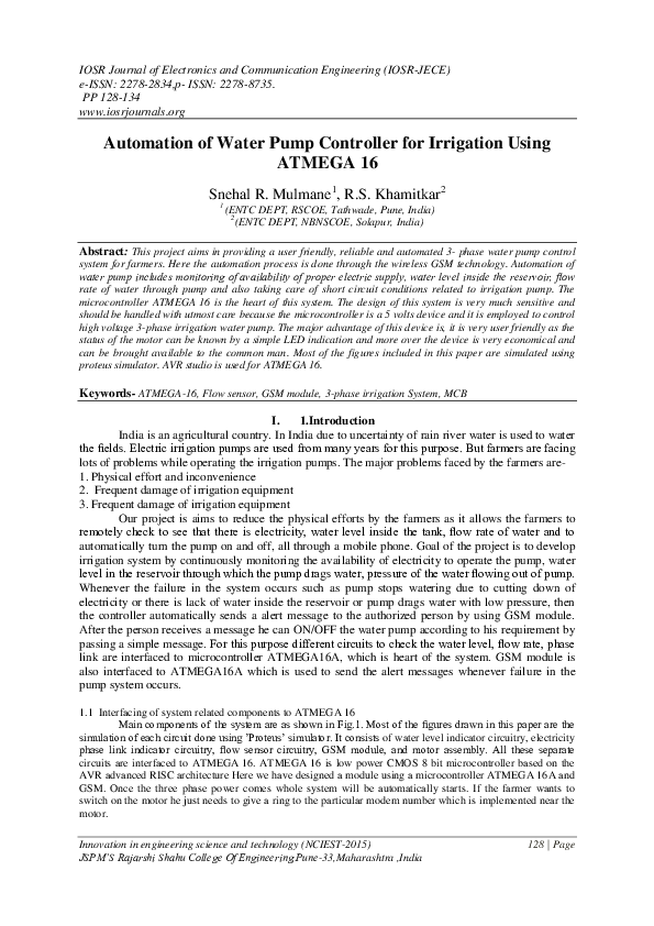 (PDF) Automation of Water Pump Controller for Irrigation Using ATMEGA 16 Vishal soni