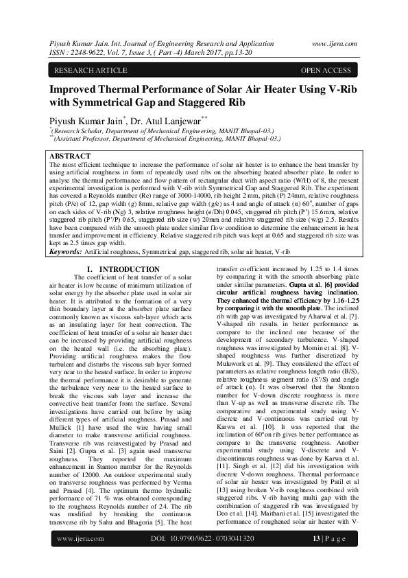 (PDF) Improved Thermal Performance of Solar Air Heater Using V-Rib with ...