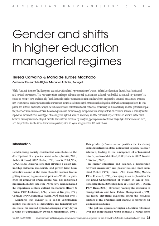 (PDF) Gender and shifts in higher education managerial regimes