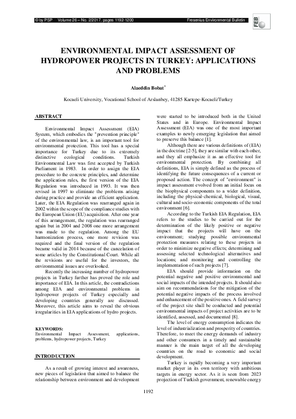 (PDF) ENVIRONMENTAL IMPACT ASSESSMENT OF HYDROPOWER PROJECTS IN TURKEY ...