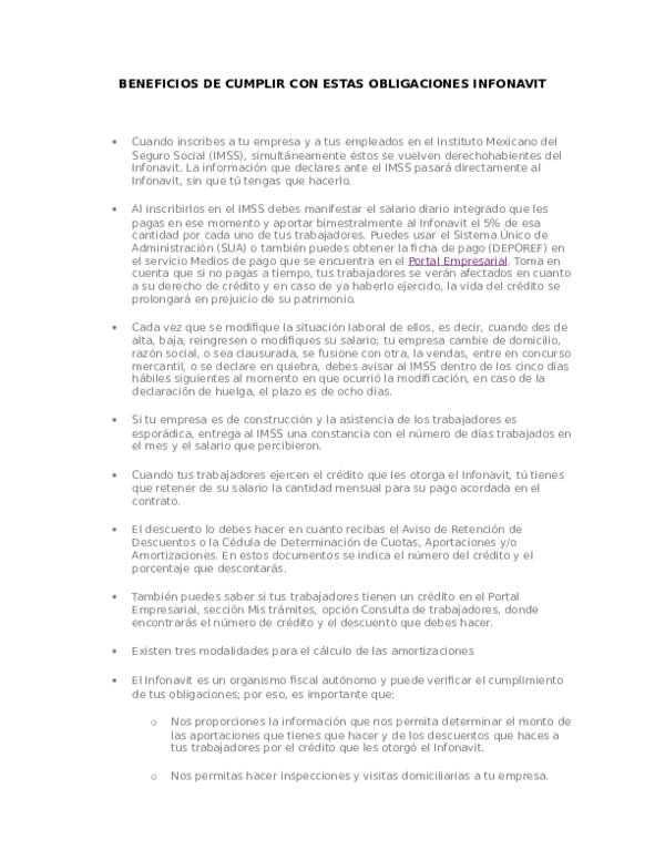 (DOC) BENEFICIOS DE CUMPLIR CON ESTAS OBLIGACIONES INFONAVIT