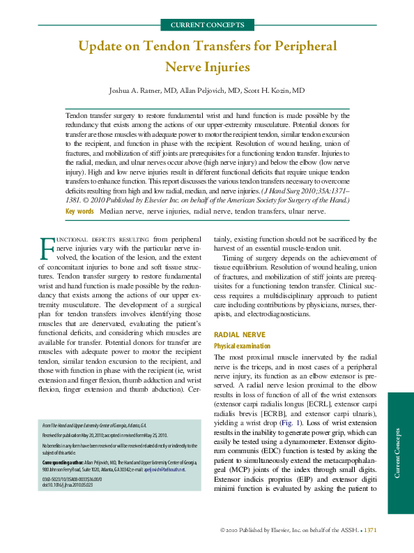 (PDF) Update on Tendon Transfers for Peripheral Nerve Injuries