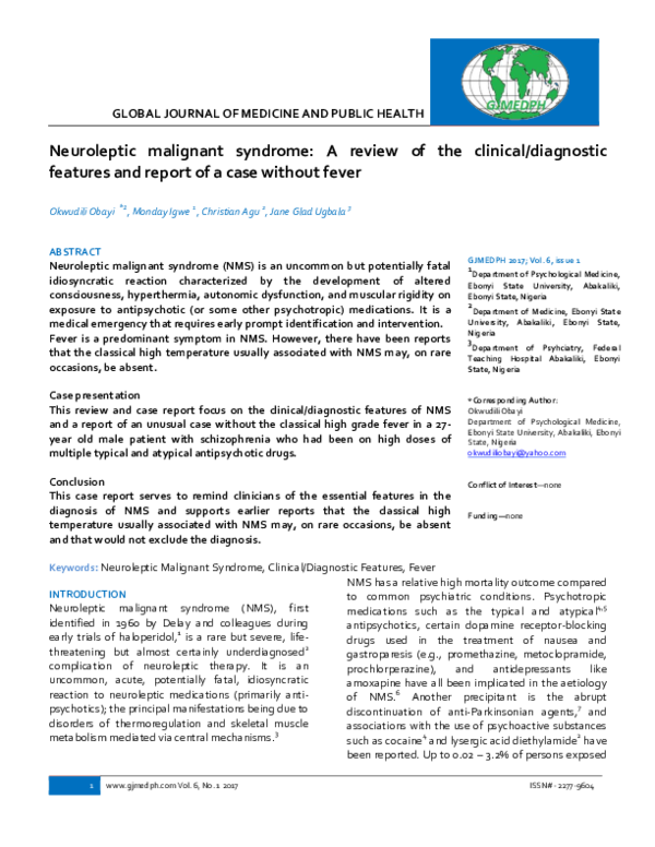 (PDF) Neuroleptic Malignant Syndrome and Severe Thrombocytopenia Case