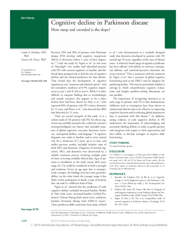 (PDF) Cognitive decline in Parkinson disease: How steep and crowded is ...