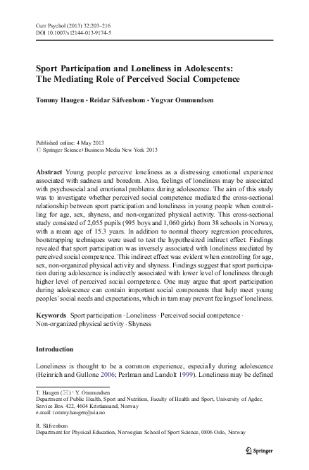 (PDF) Sport Participation and Loneliness in Adolescents: The Mediating ...