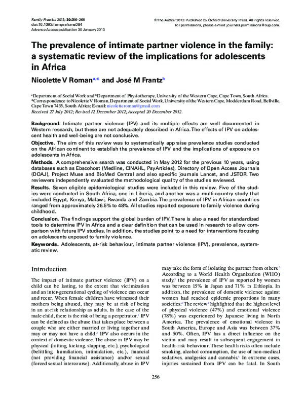 (PDF) The prevalence of intimate partner violence in the family: a ...