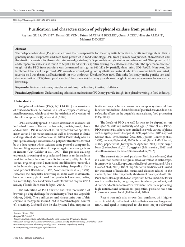 (PDF) Purification and characterization of polyphenol oxidase from purslane