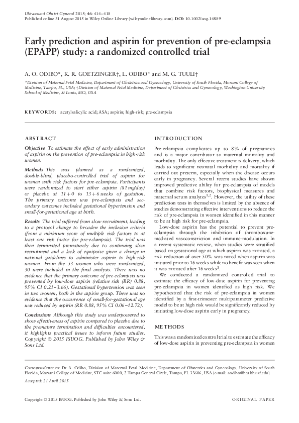 (PDF) Early prediction and aspirin for prevention of preeclampsia