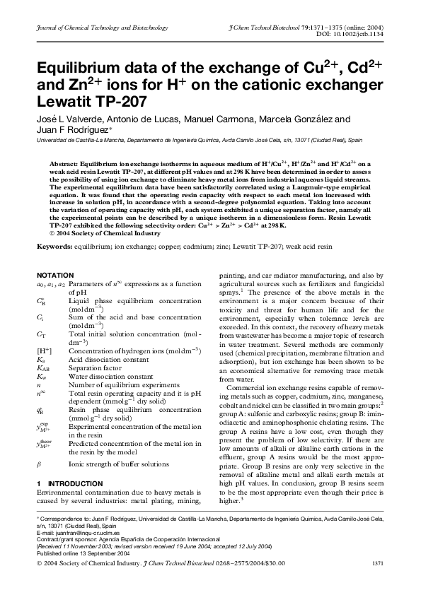 (PDF) Equilibrium data of the exchange of Cu2+, Cd2+ and Zn2+ ions for ...
