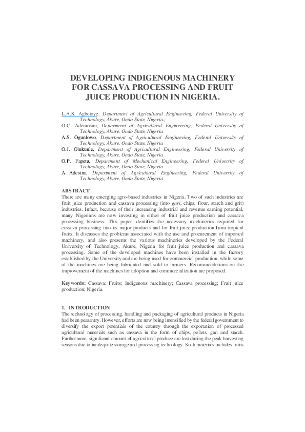 (PDF) Developing Indigenous Machinery for Cassava Processing and Fruit ...