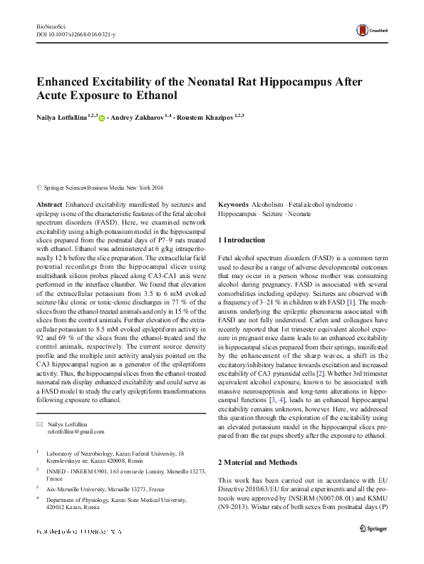(PDF) Enhanced Excitability of the Neonatal Rat Hippocampus After Acute ...