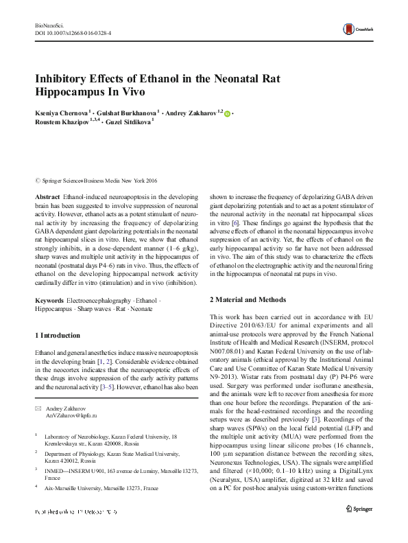(PDF) Inhibitory Effects of Ethanol in the Neonatal Rat Hippocampus In Vivo