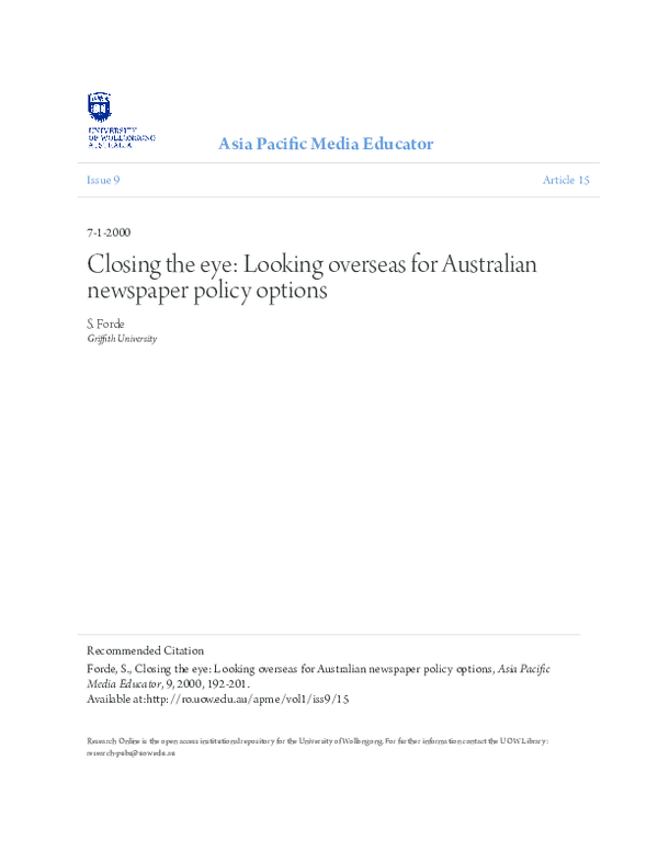 (PDF) Closing the eye Looking overseas for Australian newspaper policy options Susan Forde