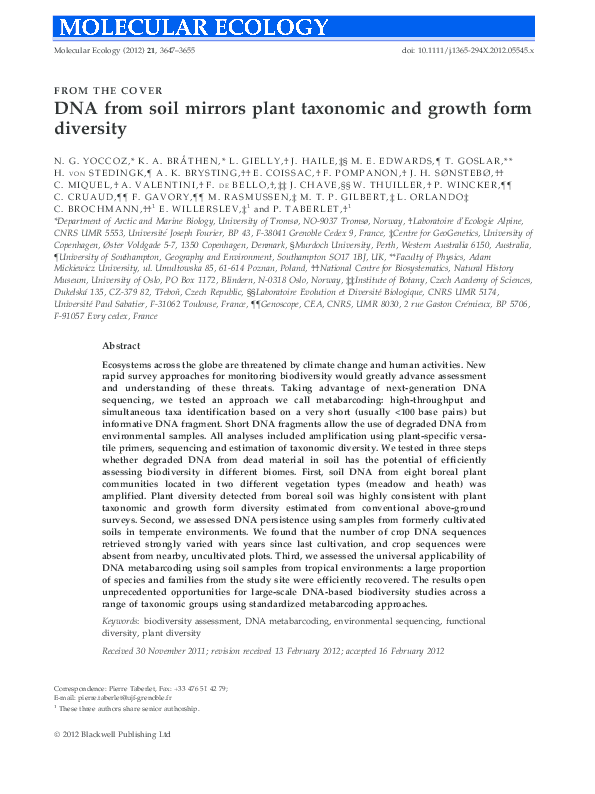 (PDF) DNA from soil mirrors plant taxonomic and growth form diversity michael edwards