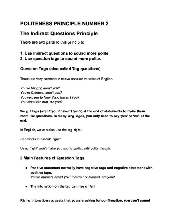 (PDF) POLITENESS PRINCIPLE NUMBER 2 The Indirect Questions Principle