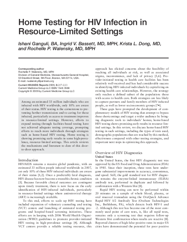 (PDF) Home testing for HIV infection in resource-limited settings