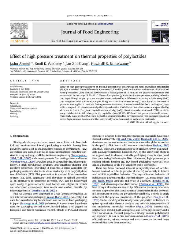 (PDF) Effect of high pressure treatment on thermal properties of ...