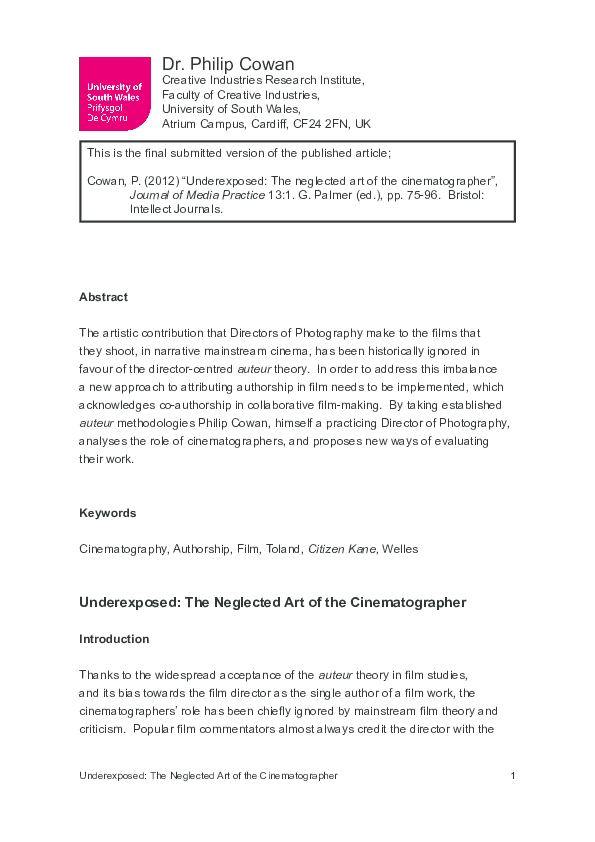 Pdf Underexposed The Neglected Art Of The Cinematographer Philip Cowan Academia Edu