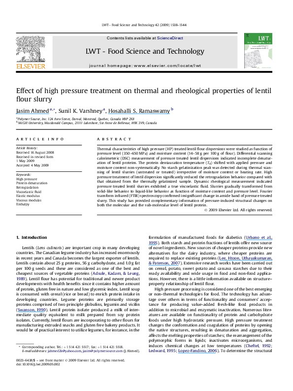 (PDF) Effect of high pressure treatment on thermal and rheological ...