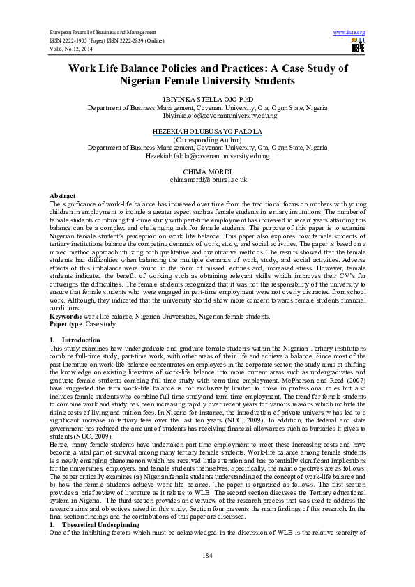 (PDF) Work Life Balance Policies and Practices: A Case Study ofNigerian ...