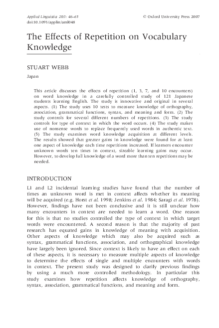 (PDF) The Effects of Repetition on Vocabulary Knowledge