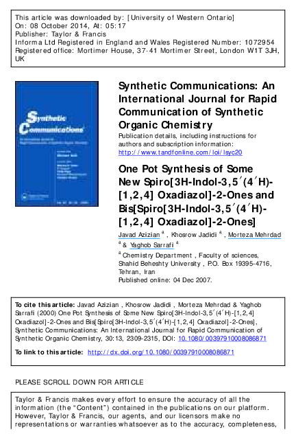 (PDF) One Pot Synthesis of Some New Spiro[3 H -Indol-3,5′(4′ H )-[1,2,4 ...