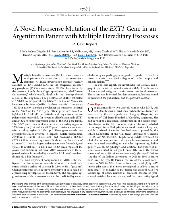 (PDF) A Novel Nonsense Mutation of the EXT1 Gene in an Argentinian ...