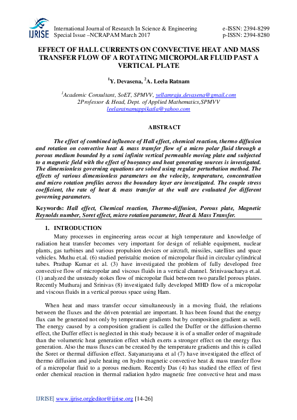 (PDF) EFFECT OF HALL CURRENTS ON CONVECTIVE HEAT AND MASS TRANSFER FLOW ...