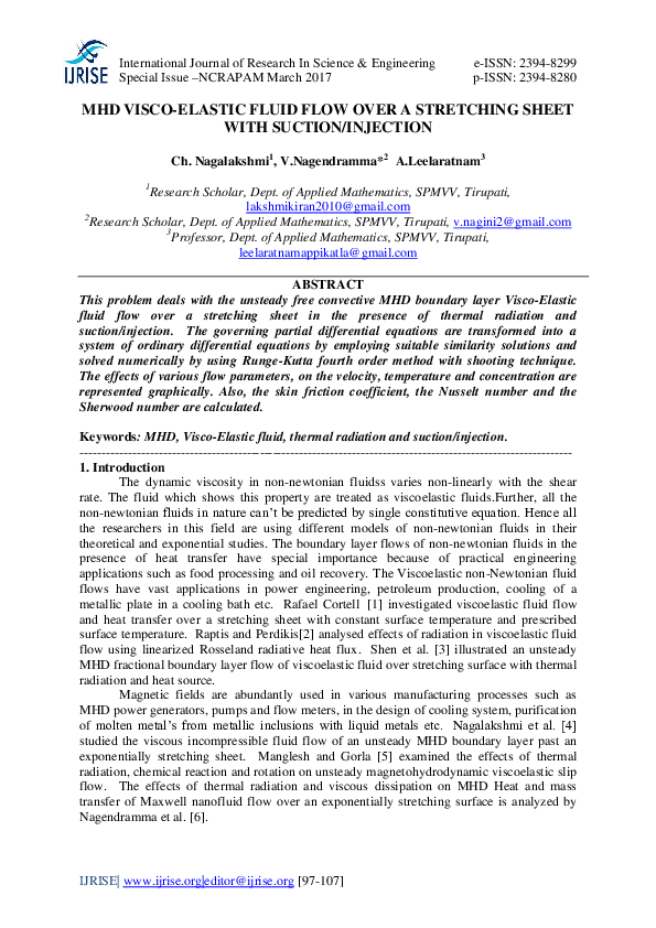 (PDF) MHD VISCO-ELASTIC FLUID FLOW OVER A STRETCHING SHEET WITH SUCTION ...