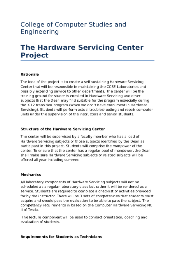 (DOC) The Hardware Servicing Center Project