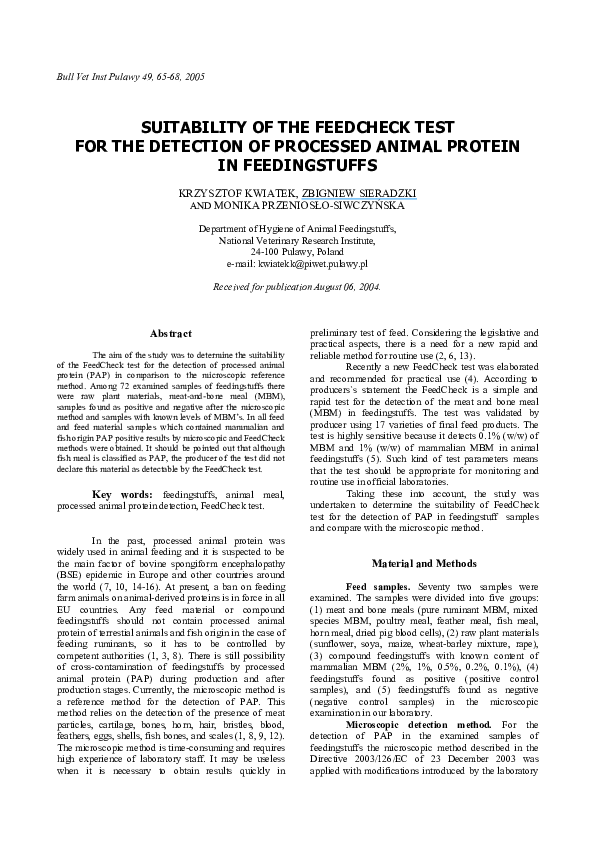 (PDF) Suitability of the FeedCheck test for the detection of processed ...