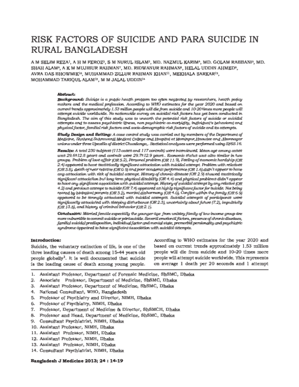 (PDF) Risk Factors of Suicide and Para Suicide in Rural Bangladesh