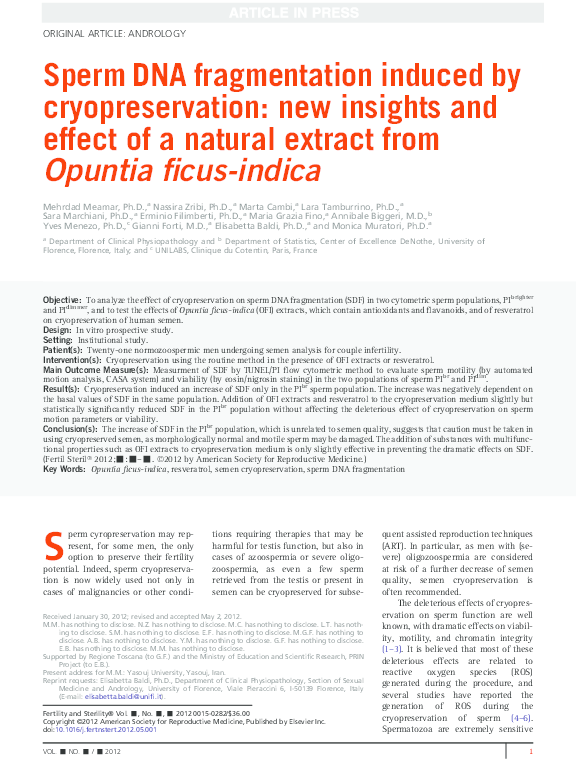 (PDF) Sperm DNA fragmentation induced by cryopreservation: new insights ...
