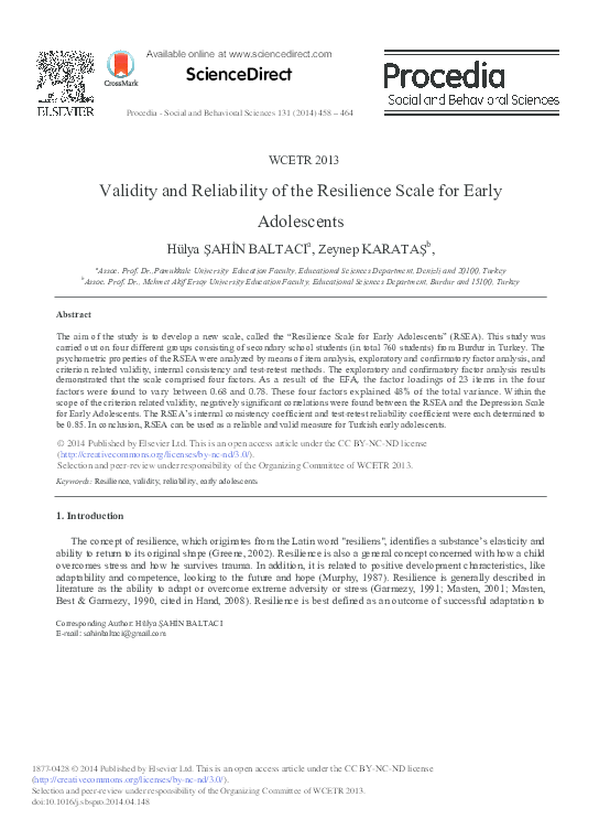 (PDF) ScienceDirect Validity and Reliability of the Resilience Scale